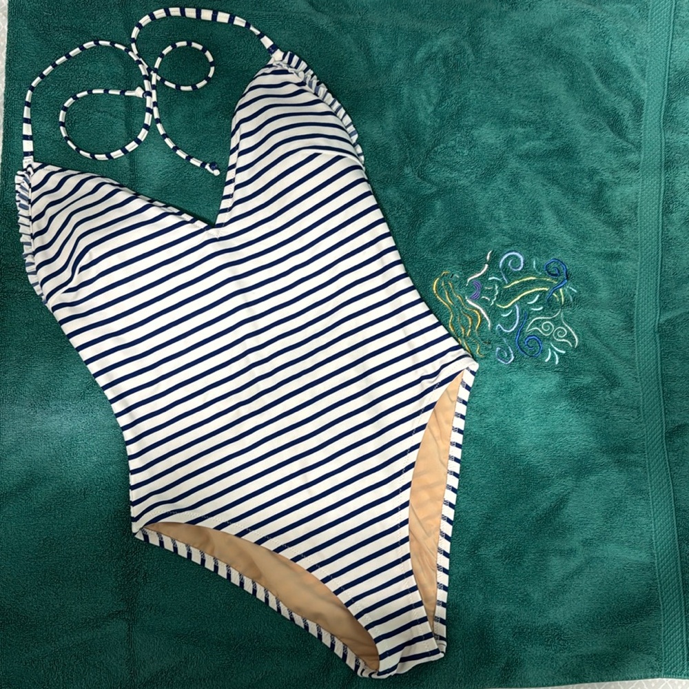 J. Crew Navy Striped Ruffle Ruched Plunge Halter One Piece Bathing Swimsuit